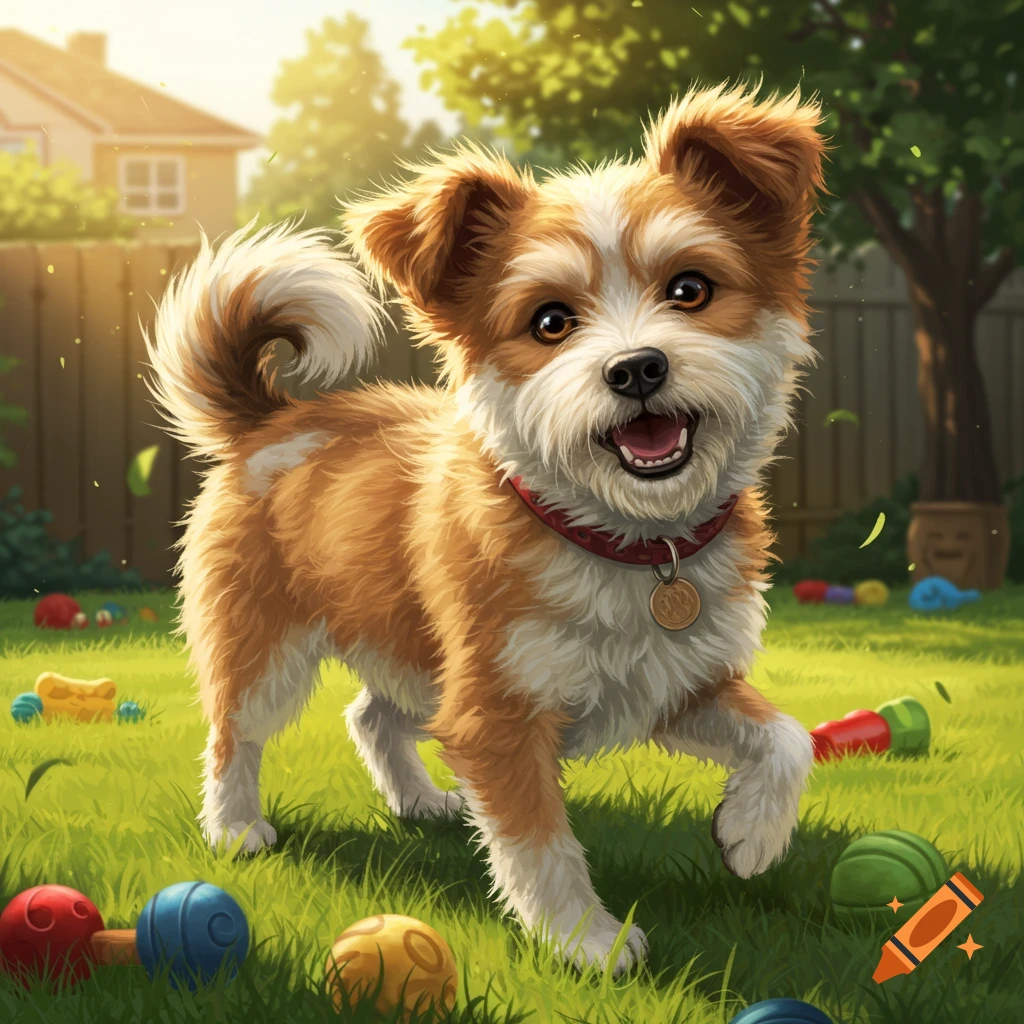 A cute, fluffy brown and white puppy smiles in a sunny backyard filled with colorful toys. Illustrative.