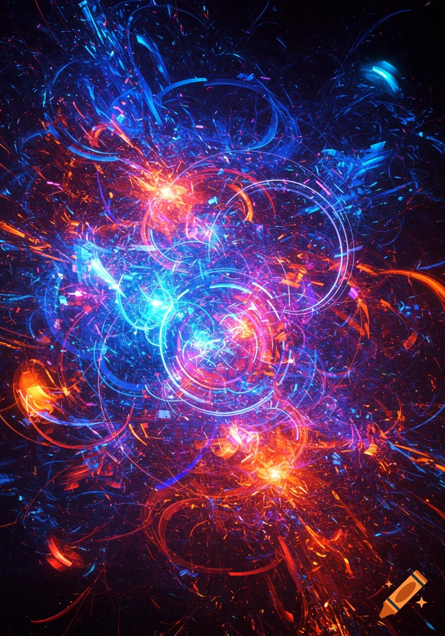 Vibrant abstract art with swirling blue, red, and purple light trails and glowing orbs on a dark background.