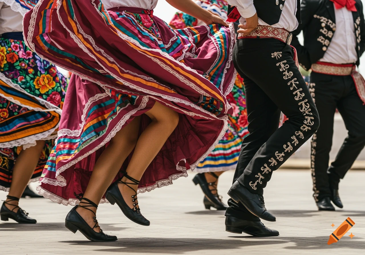 Close-up of dancers' legs and feet in motion, wearing colorful traditional Mexican folk dance costumes with vibrant skirts and embroidered trousers.