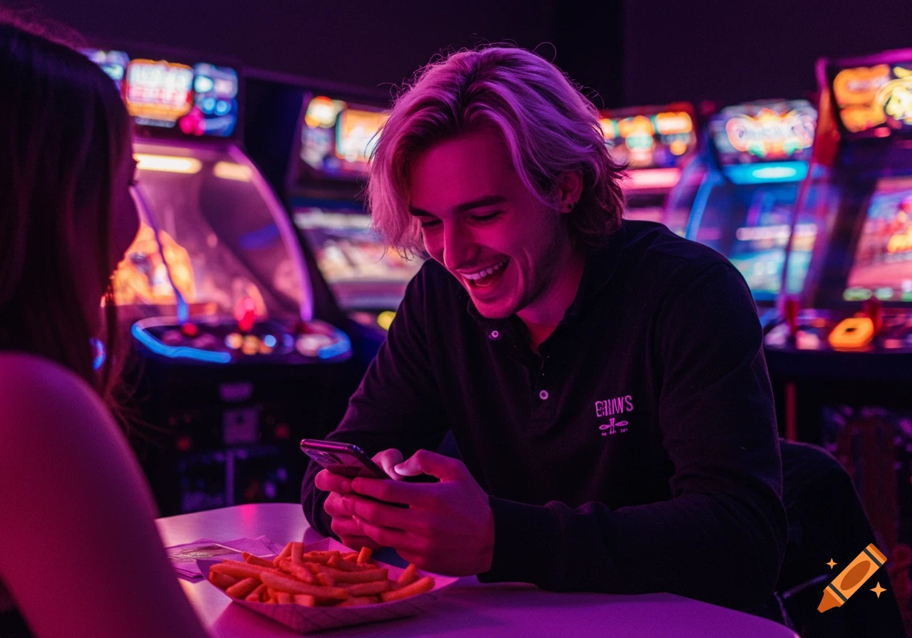 A smiling man with pinkish hair looks at his phone while on an arcade date with a friend, with fries on the table and neon lights.