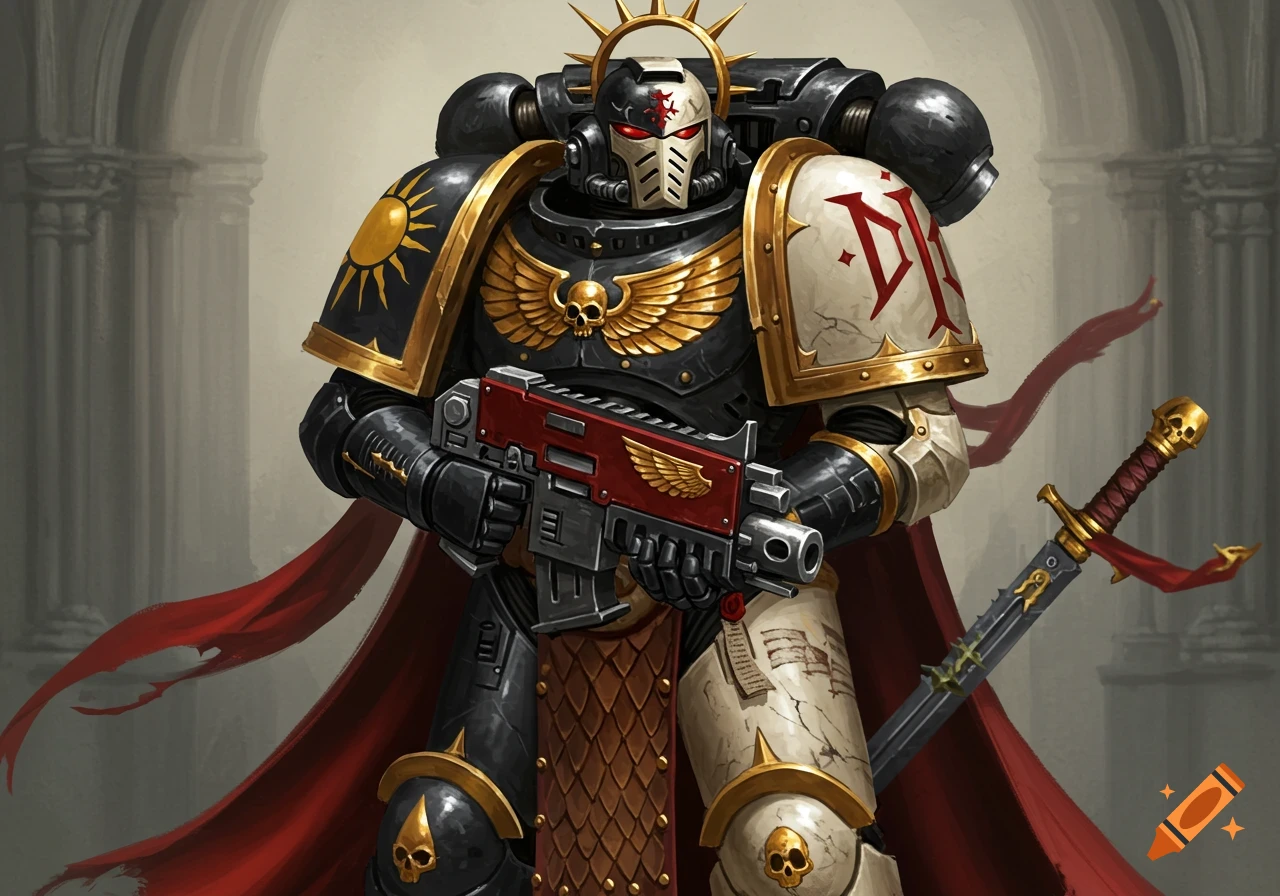 A Warhammer 40,000 Space Marine in ornate black and cream power armor, holding a bolter and a sheathed gladius, against a grey background.