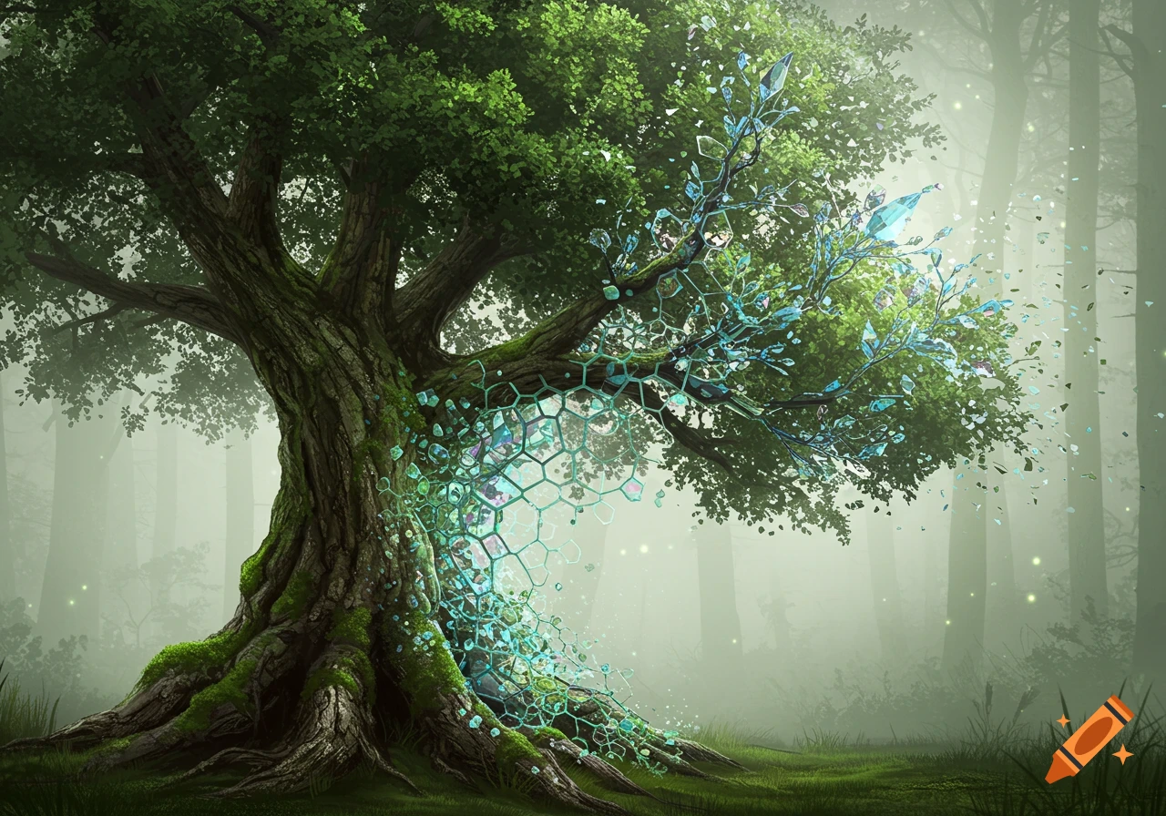 A majestic tree in a misty forest transforms into glowing blue-green crystalline and hexagonal structures.
