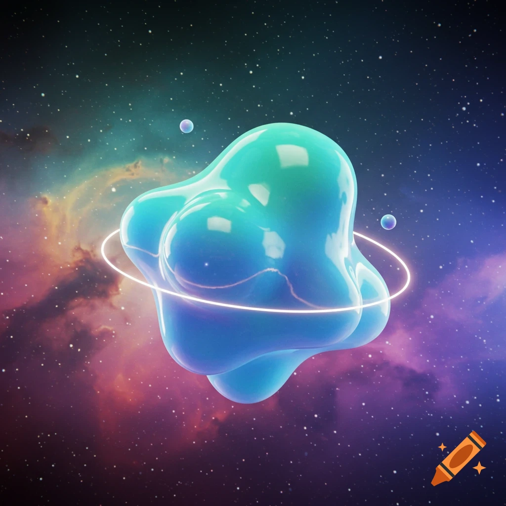 A glossy blue-green amorphous blob with a glowing white ring floats in a vibrant starry nebula.