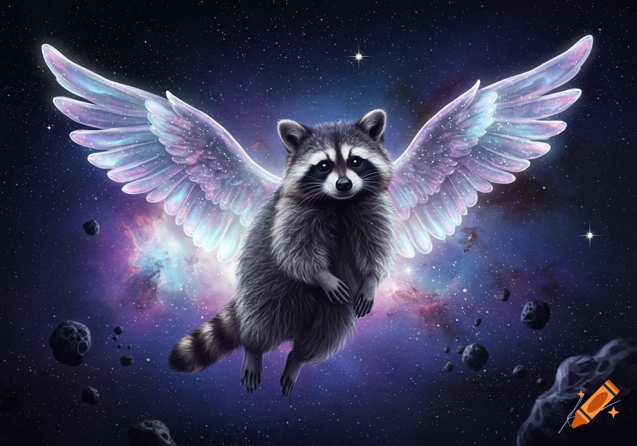 A fluffy raccoon with large, iridescent wings floats in a cosmic nebula filled with stars and asteroids.