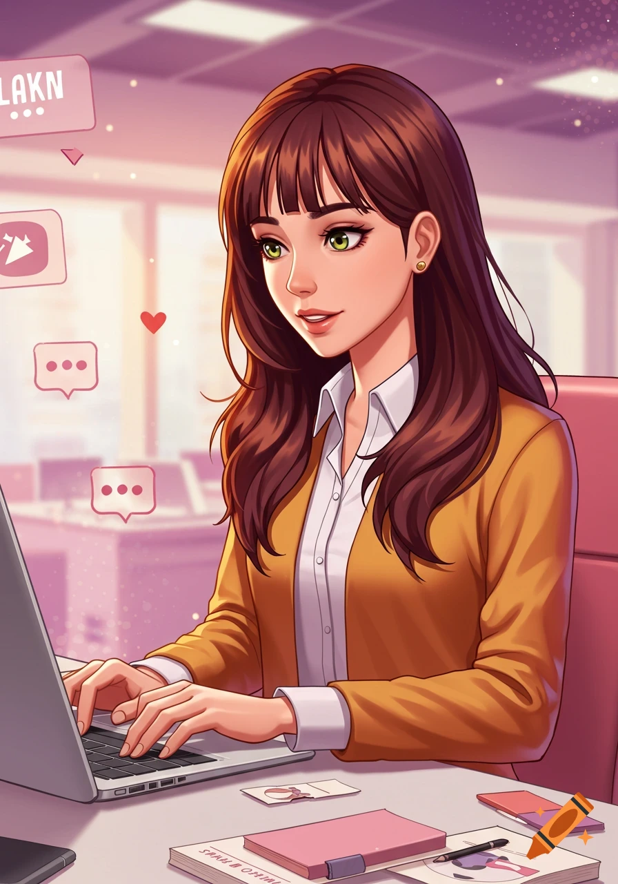 A smiling young woman with long brown hair and green eyes works on a laptop in an office, surrounded by communication icons, in an anime style.