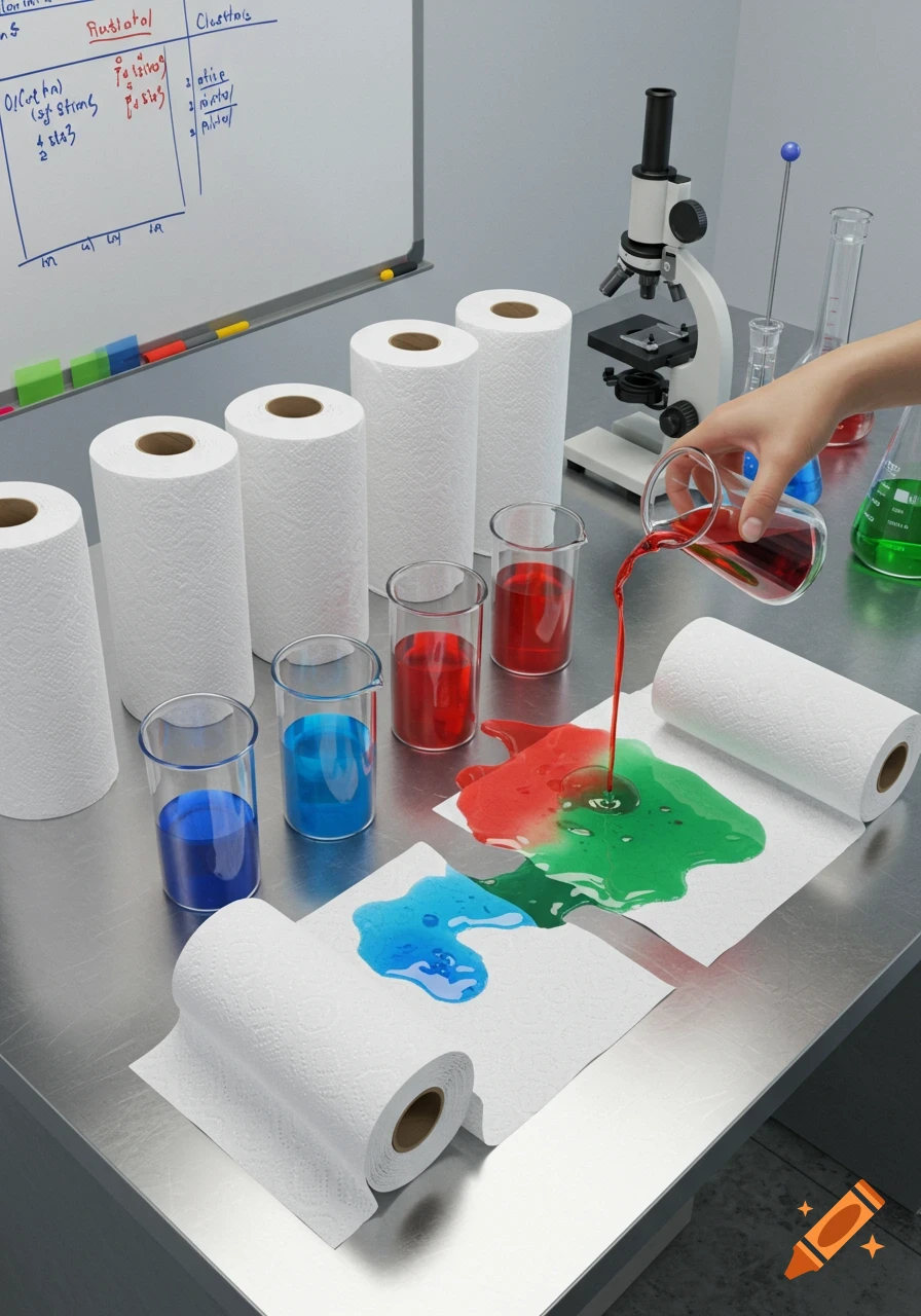 A hand pours red liquid onto a paper towel on a lab table, next to other spills, beakers, and rolls of paper towels. A microscope is in the background.