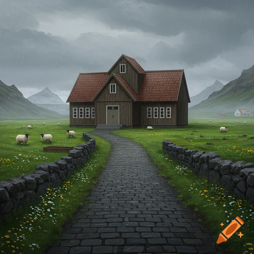 A picturesque brown house with a red roof, a paved path, sheep, and stone walls in a lush green valley under a rainy sky with mountains.
