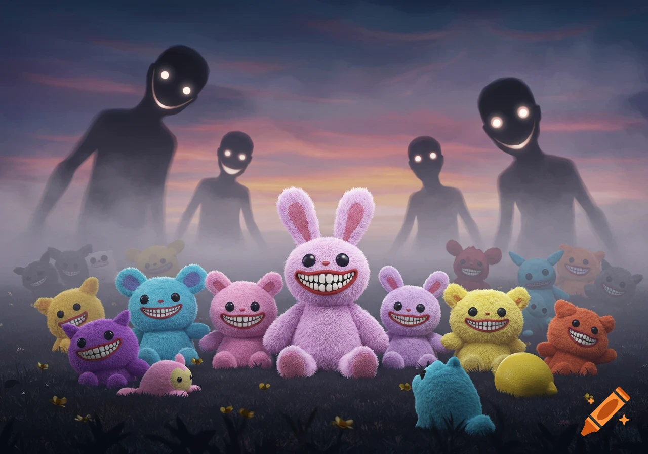 Numerous colorful, creepy plush creatures with wide, toothy smiles sit on dark grass as shadowy, grinning figures emerge from a misty background.