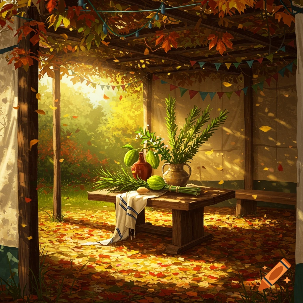 Vibrant digital illustration of a sukkah with a table holding the four species for Sukkot, surrounded by autumn leaves and festive decorations.