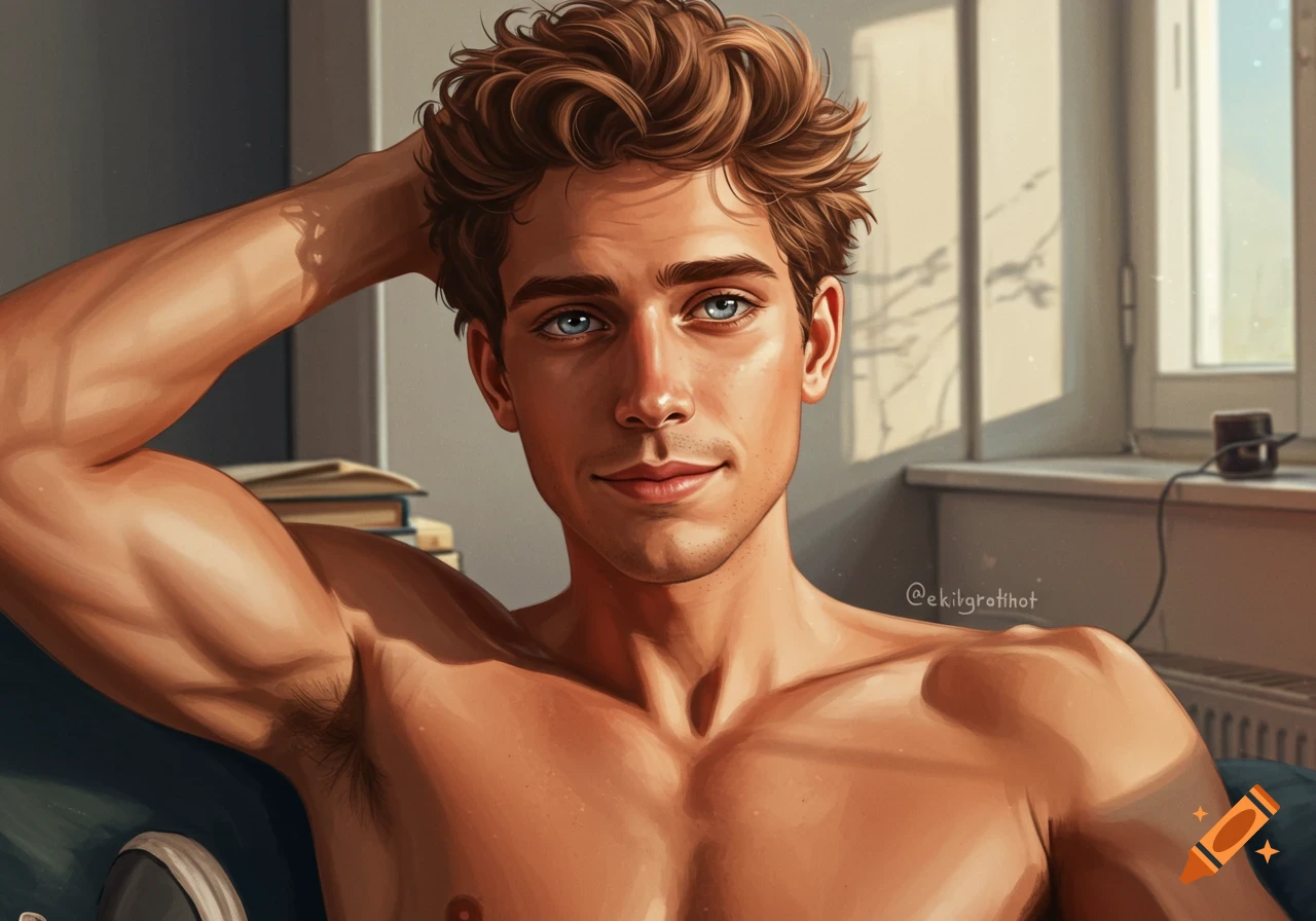 Digital painting of a shirtless young man with messy brown hair and blue eyes, smiling slightly, arm behind head in sunlight.