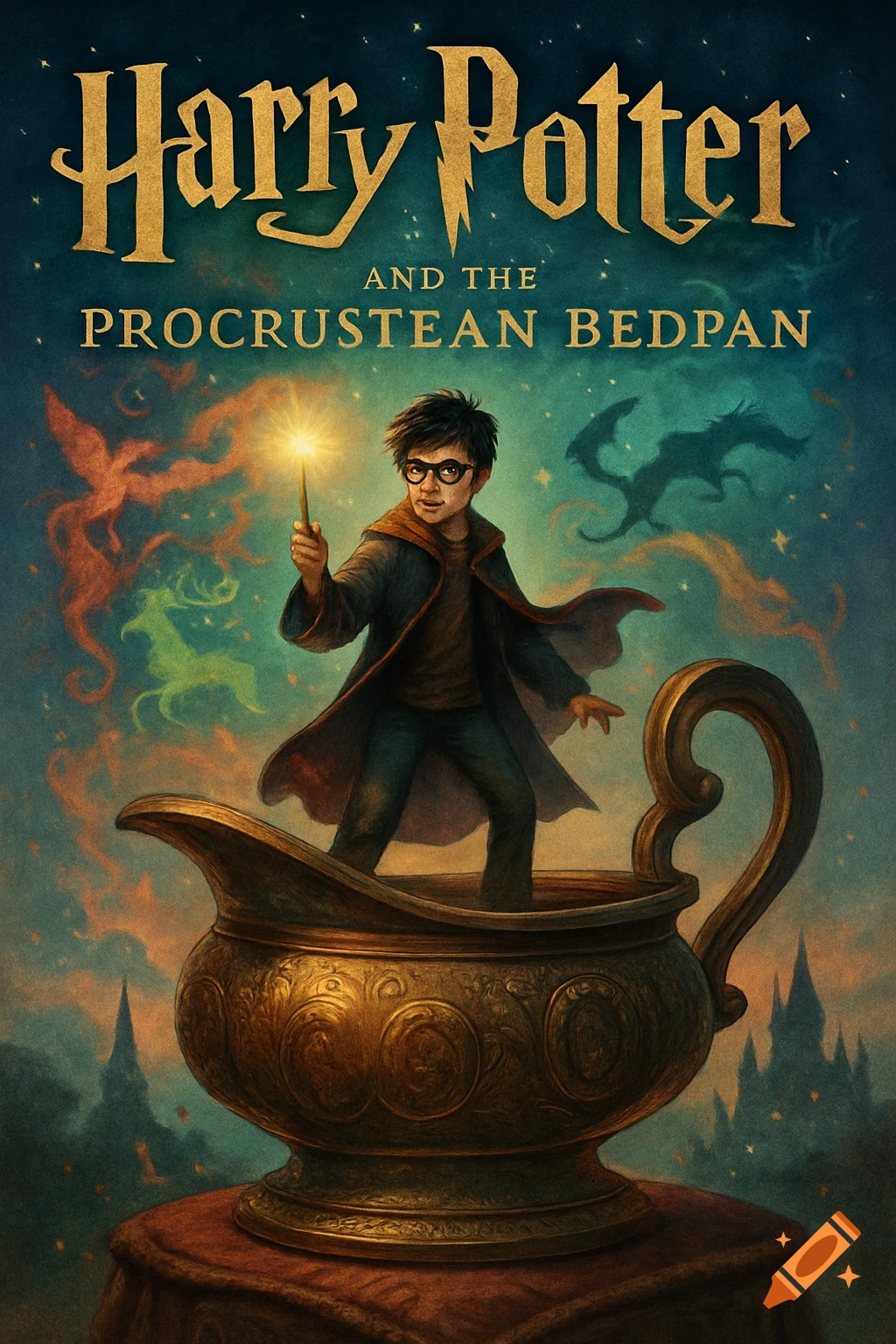 Fantasy book cover of Harry Potter in a golden ornate bedpan, holding a glowing wand, with magical creatures in a starry sky.