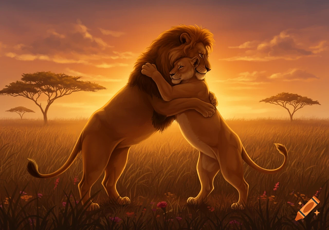 An illustrated male lion and lioness hugging on a golden savanna at sunset with acacia trees.