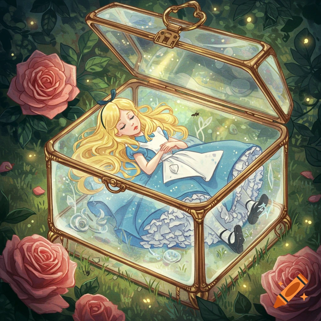 Stylized illustration of Alice from Wonderland sleeping peacefully inside an ornate glass box, surrounded by pink roses and green foliage.