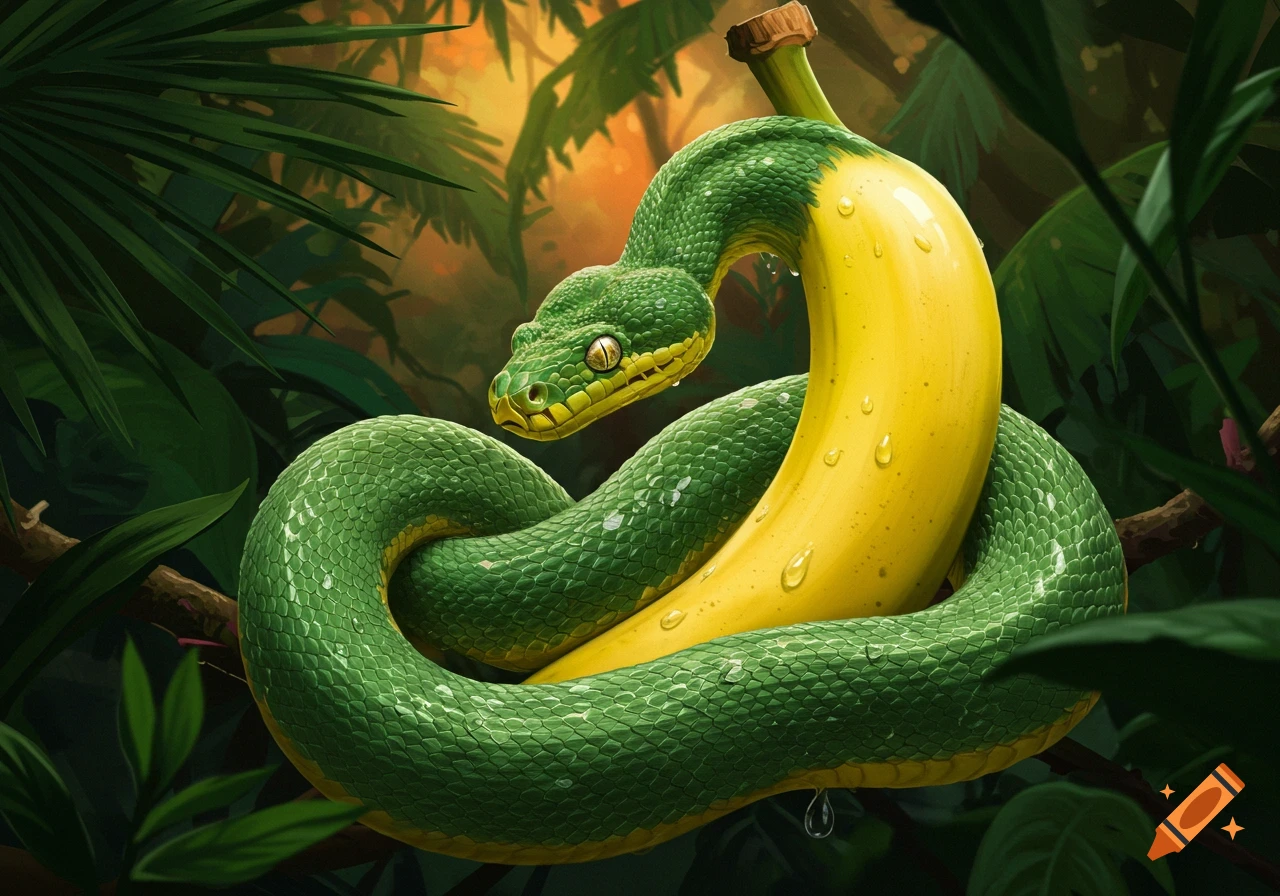 A vibrant green snake with textured scales is intertwined with a bright yellow banana in a lush jungle background.