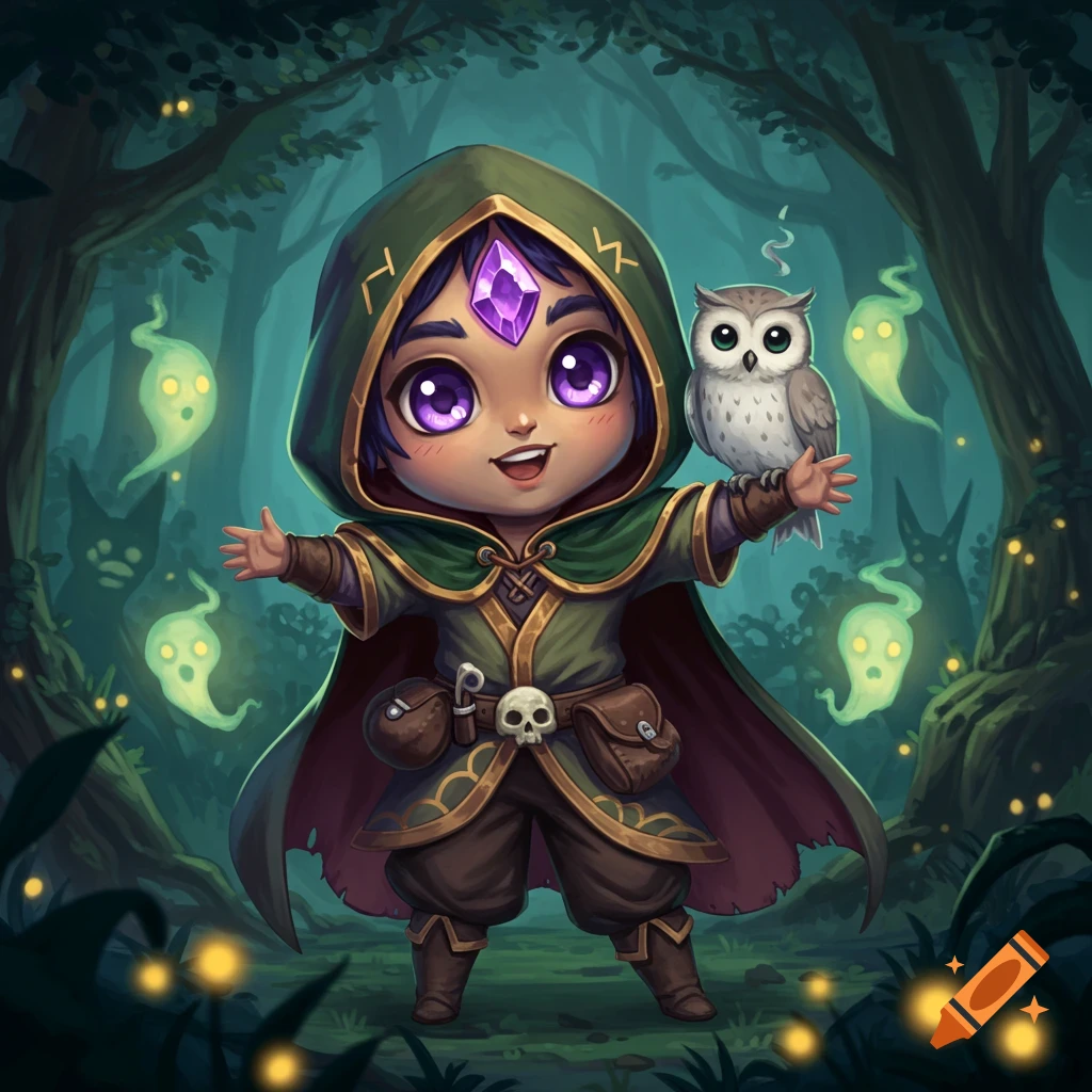 A cute chibi necromancer ranger in a dark forest, holding an owl, with glowing green ghosts floating around.