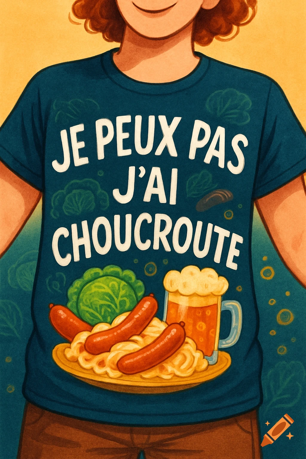 Cartoon illustration of a person wearing a teal t-shirt with text 'JE PEUX PAS J'AI CHOUCROUTE' and an illustration of sausages, sauerkraut, cabbage, and beer.
