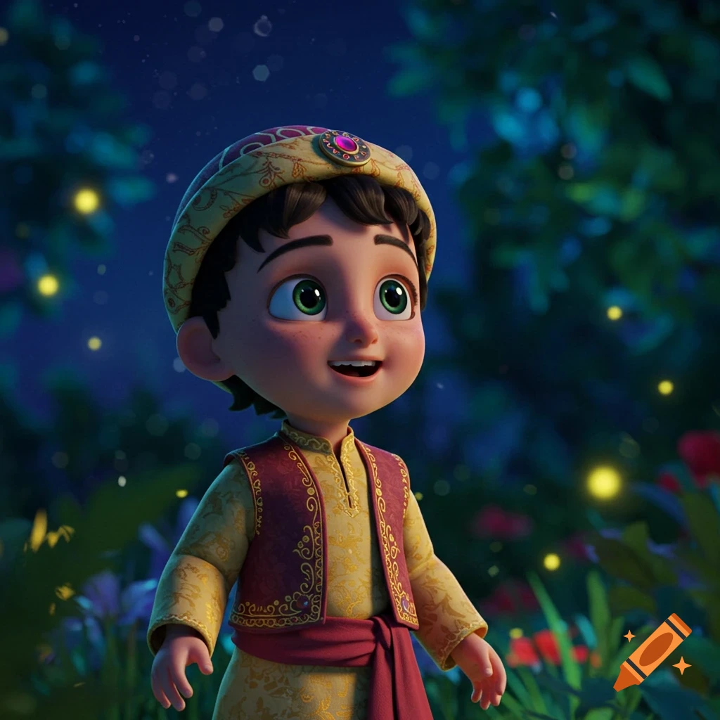 A cute animated Persian boy in traditional gold and red attire looks up with a wide smile in a glowing, dark forest.