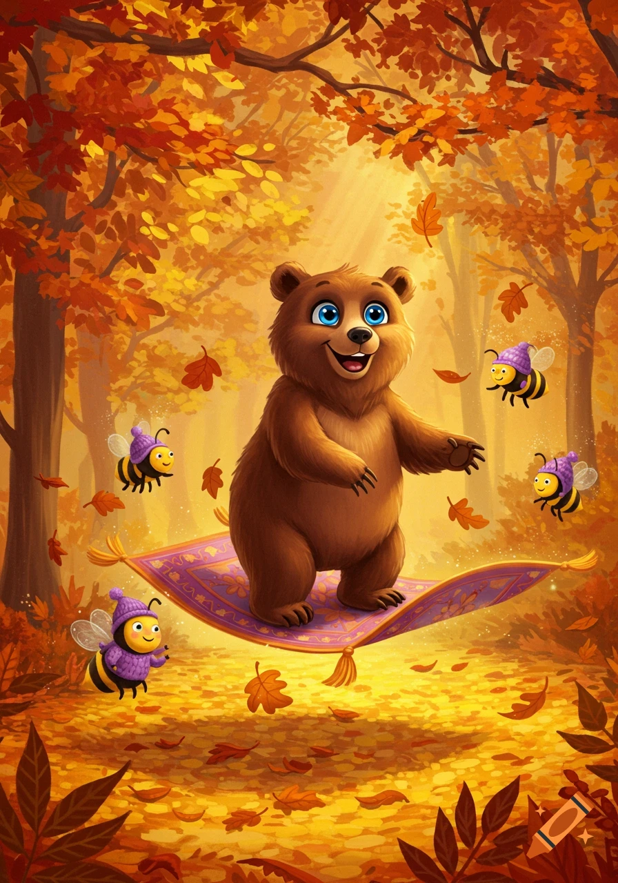 Happy cartoon bear with blue eyes on a magic carpet in an autumn forest, with bees in purple hats.