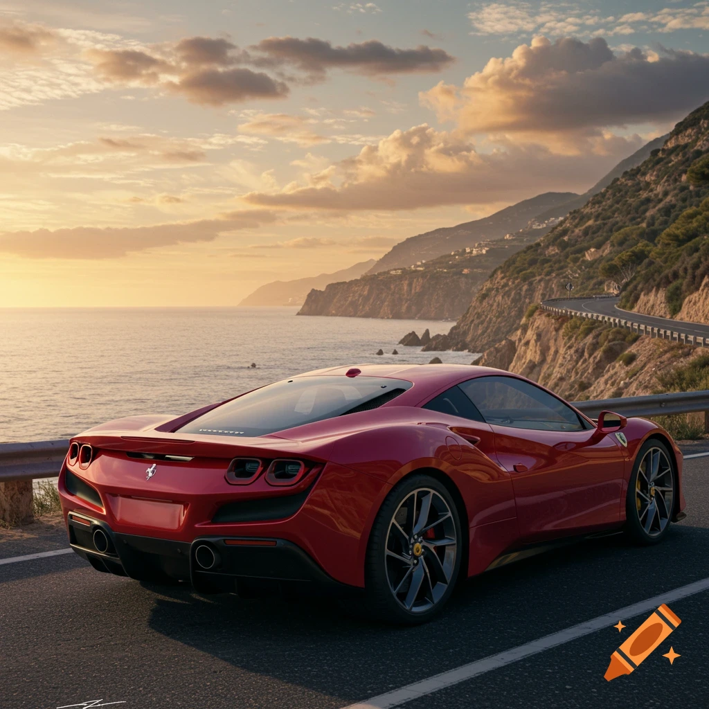 A red Ferrari supercar parked on a scenic coastal road at sunset, with mountains and the sea in the background.