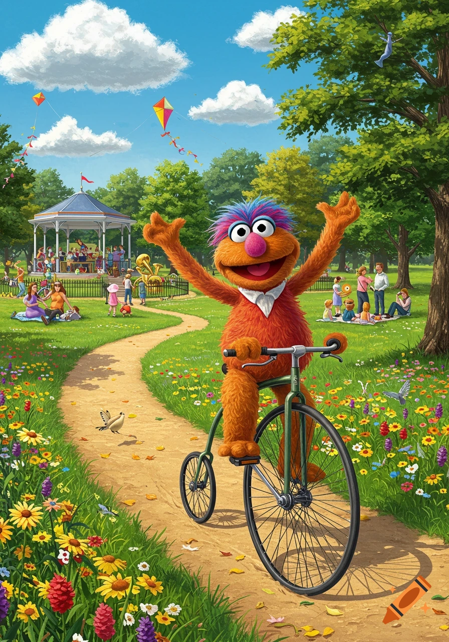 An orange, furry, Muppet-like character joyfully rides a penny-farthing bicycle through a colorful park on a sunny day.