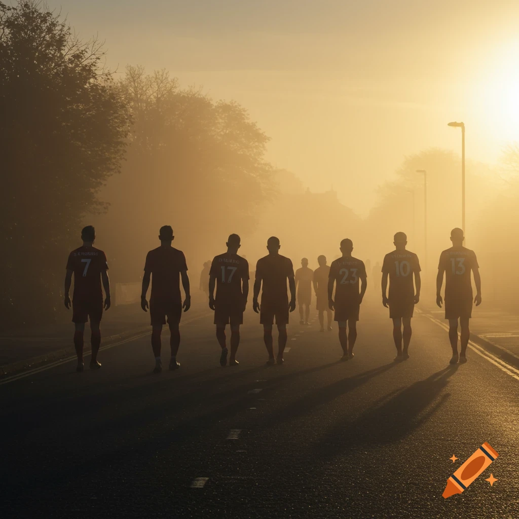 A group of soccer players, seen from behind, walk down a foggy road at sunrise, silhouetted against the golden light.