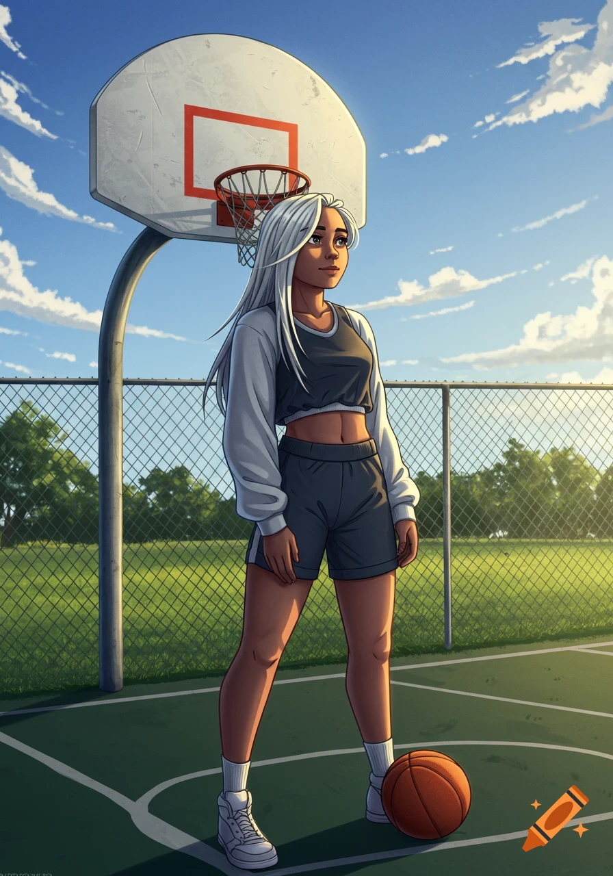 An animated woman with white hair stands on a basketball court beside a basketball under a blue sky, looking up.