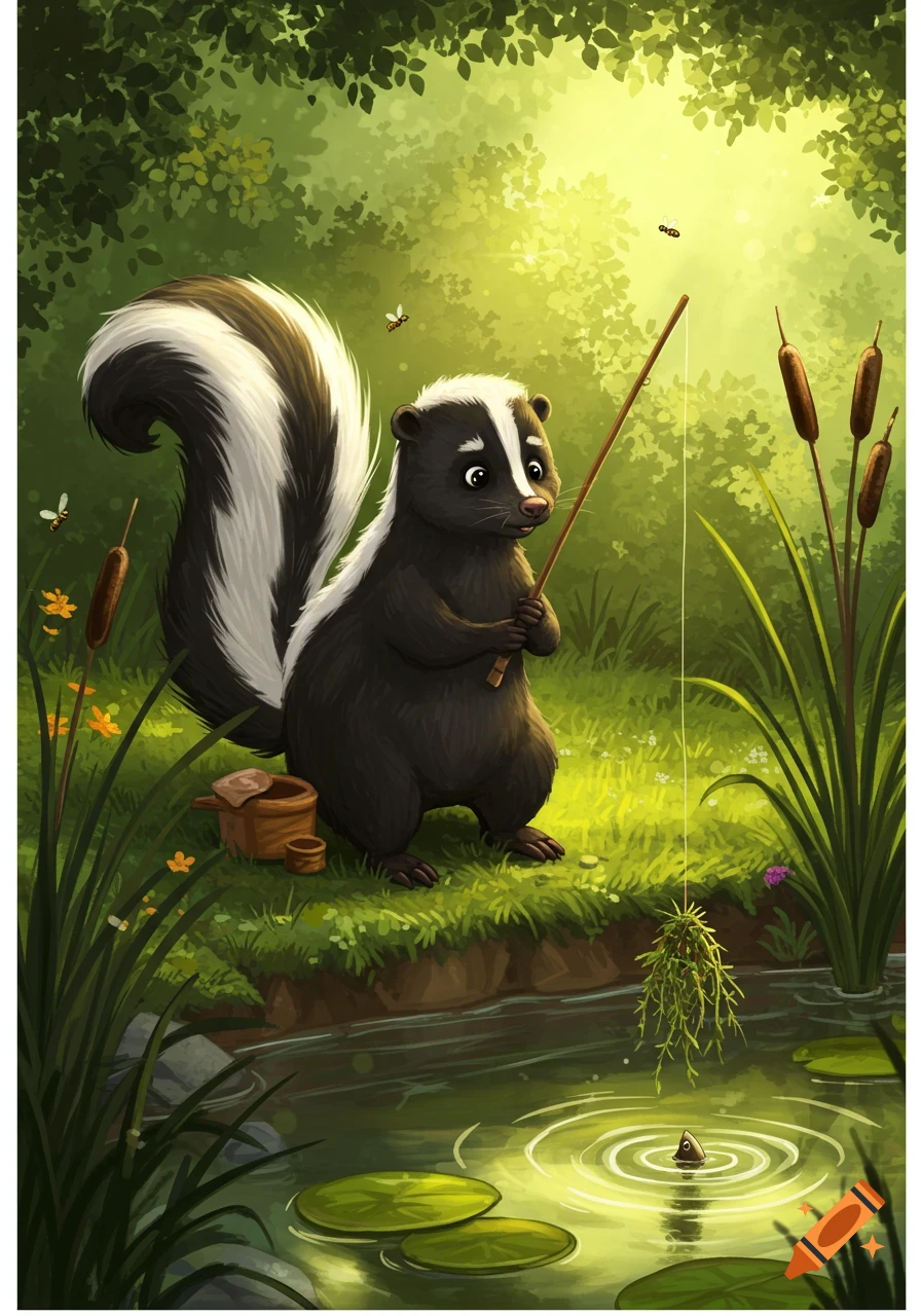 Cartoon illustration of a cute skunk fishing in a forest pond, catching weeds on its line.