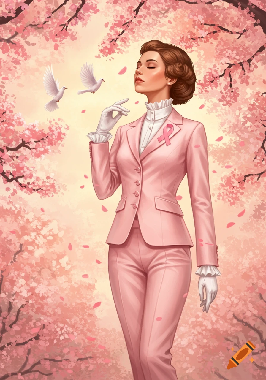 Illustrated woman in a pink suit with a breast cancer ribbon, white gloves, and ruffled collar, surrounded by cherry blossoms and doves.