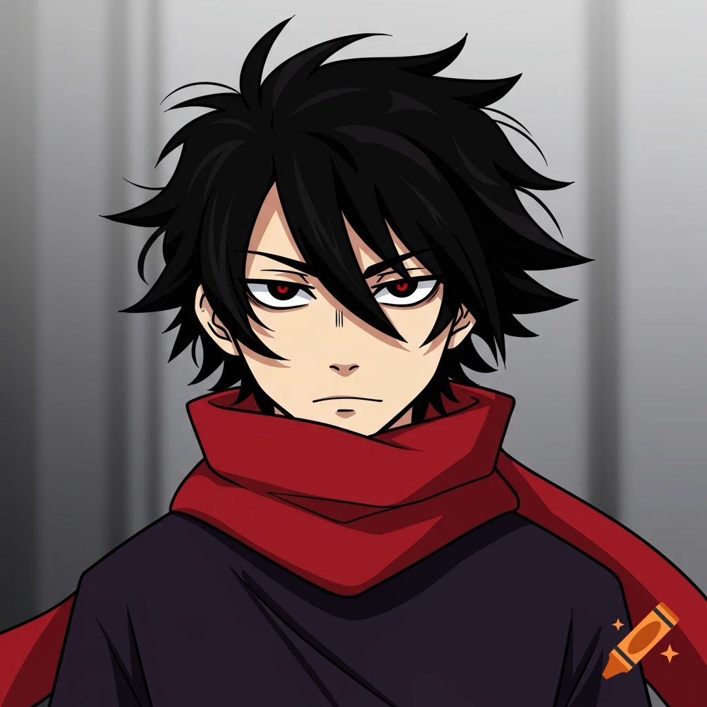 Manga-style portrait of a character with spiky black hair, red eyes, a serious expression, and a red scarf.