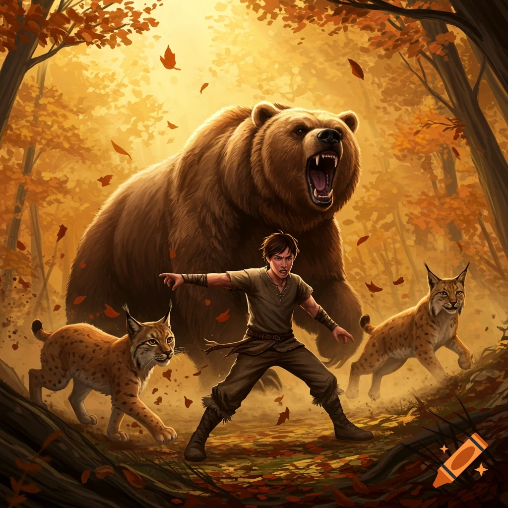 A young man with two lynxes confronts a roaring bear in a vibrant autumn forest, fantasy illustration.