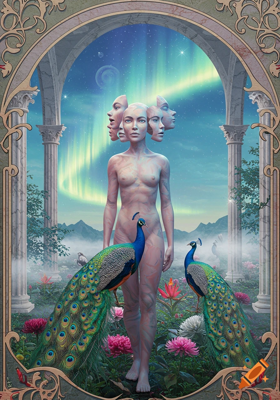 A nude multi-faced female figure stands with peacocks in a flowering garden under an aurora borealis, framed by a classical archway in a surreal style.