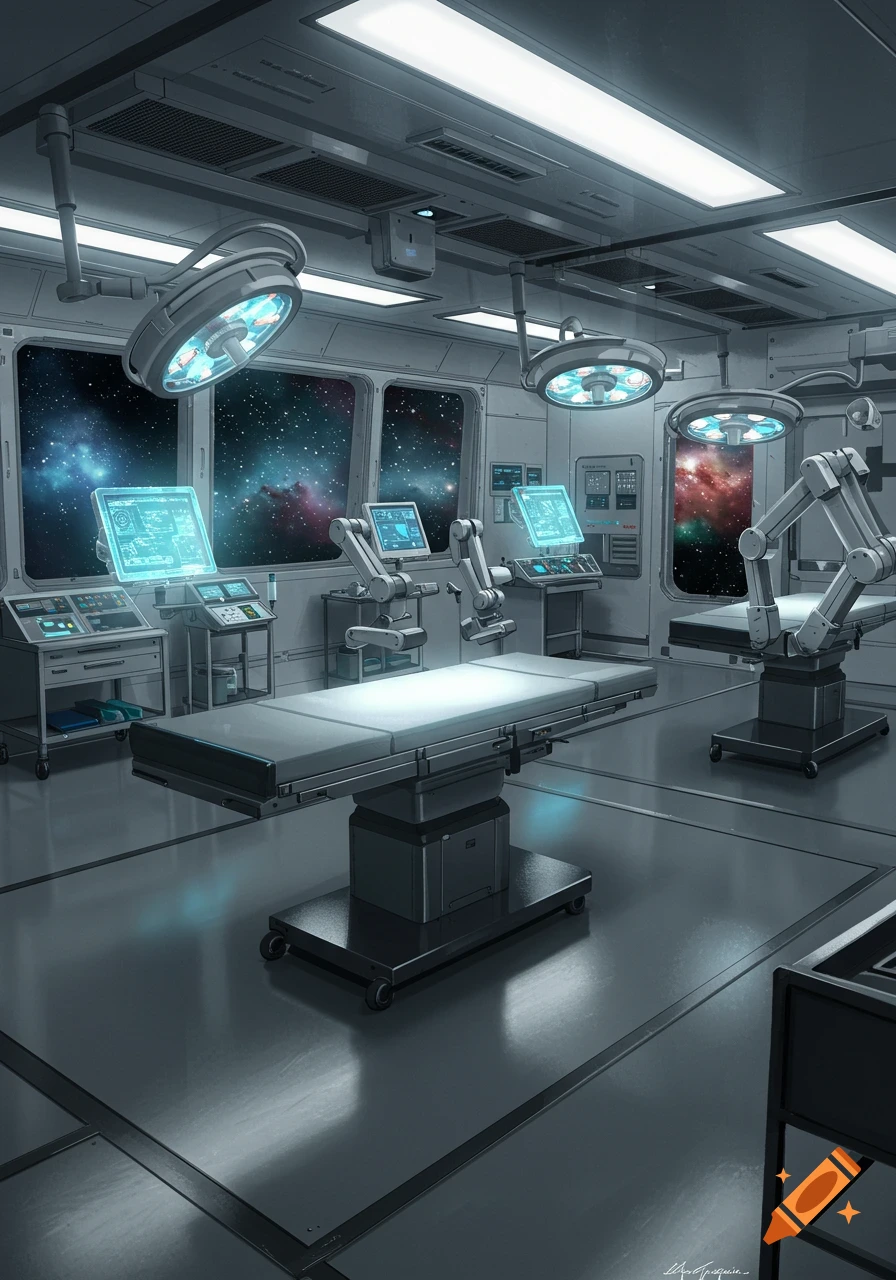 A futuristic operating room on a spaceship with surgical tables, robotic arms, glowing monitors, and windows looking out to deep space.