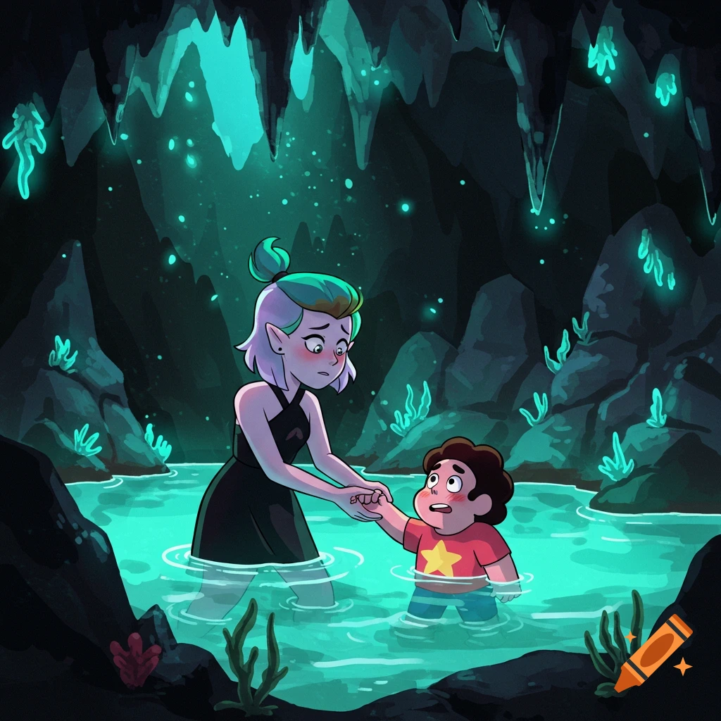 Cartoon Amity Blight holds Steven Universe's hand in a glowing teal cave pool. Steven looks nervous.