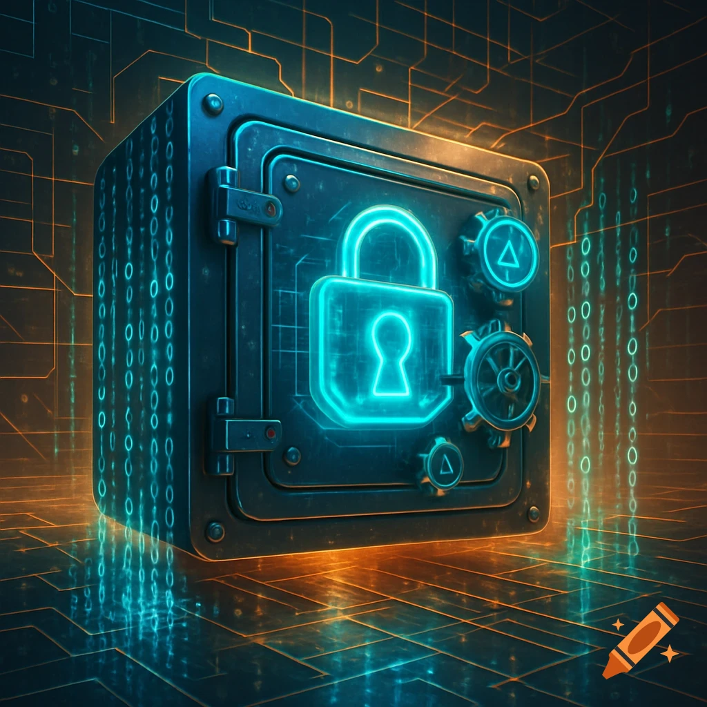 A glowing blue digital padlock on a metallic safe with binary code falling around it, set against a dark background with circuit patterns, symbolizing cybersecurity.