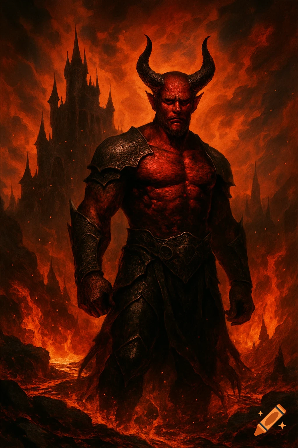 A muscular, red-skinned devil with horns in bronze armor stands before a dark castle in a fiery hellscape, dark fantasy art.