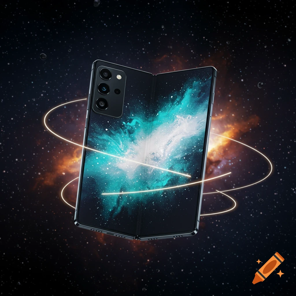 A sleek foldable smartphone displays a vibrant nebula, floating amidst stars and cosmic gas with golden light trails.