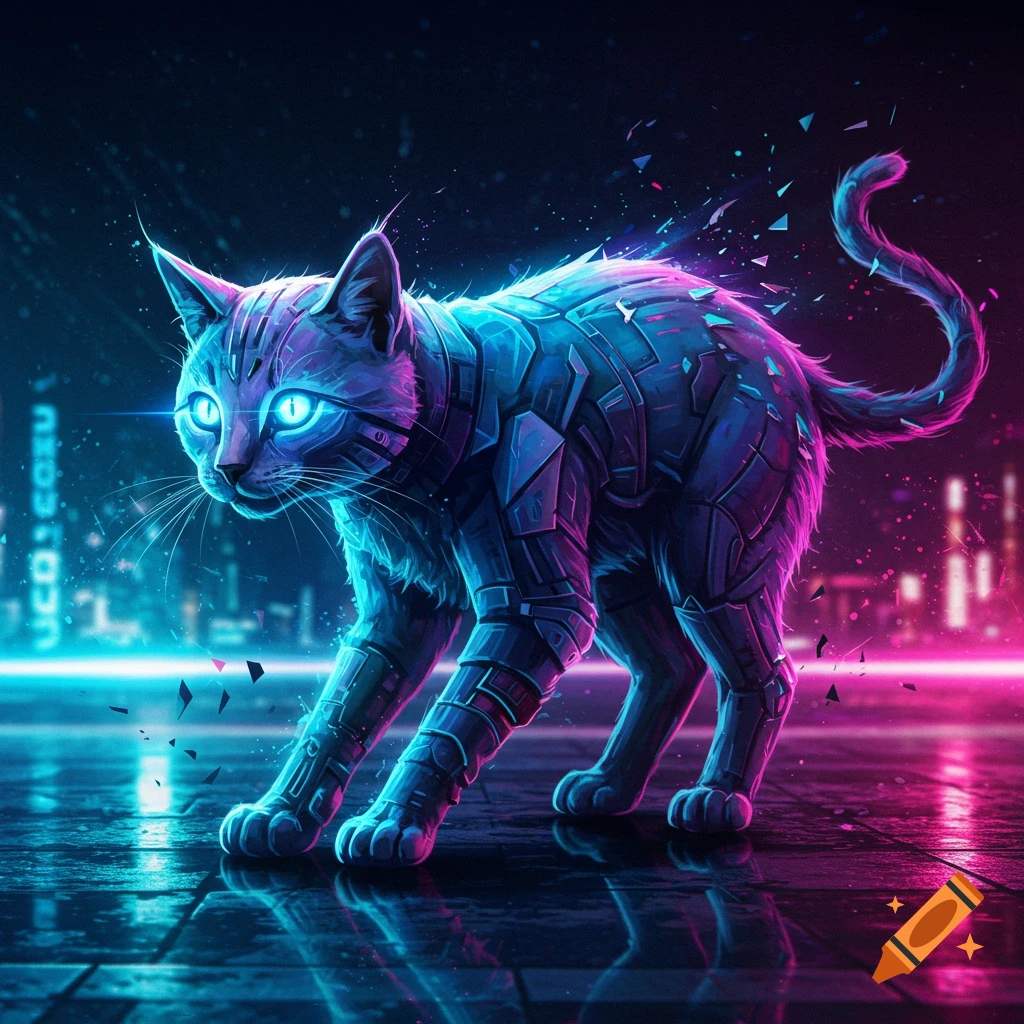 A glowing blue and pink cyberpunk cat with robotic armor and bright eyes stands in a dark, neon-lit futuristic city.
