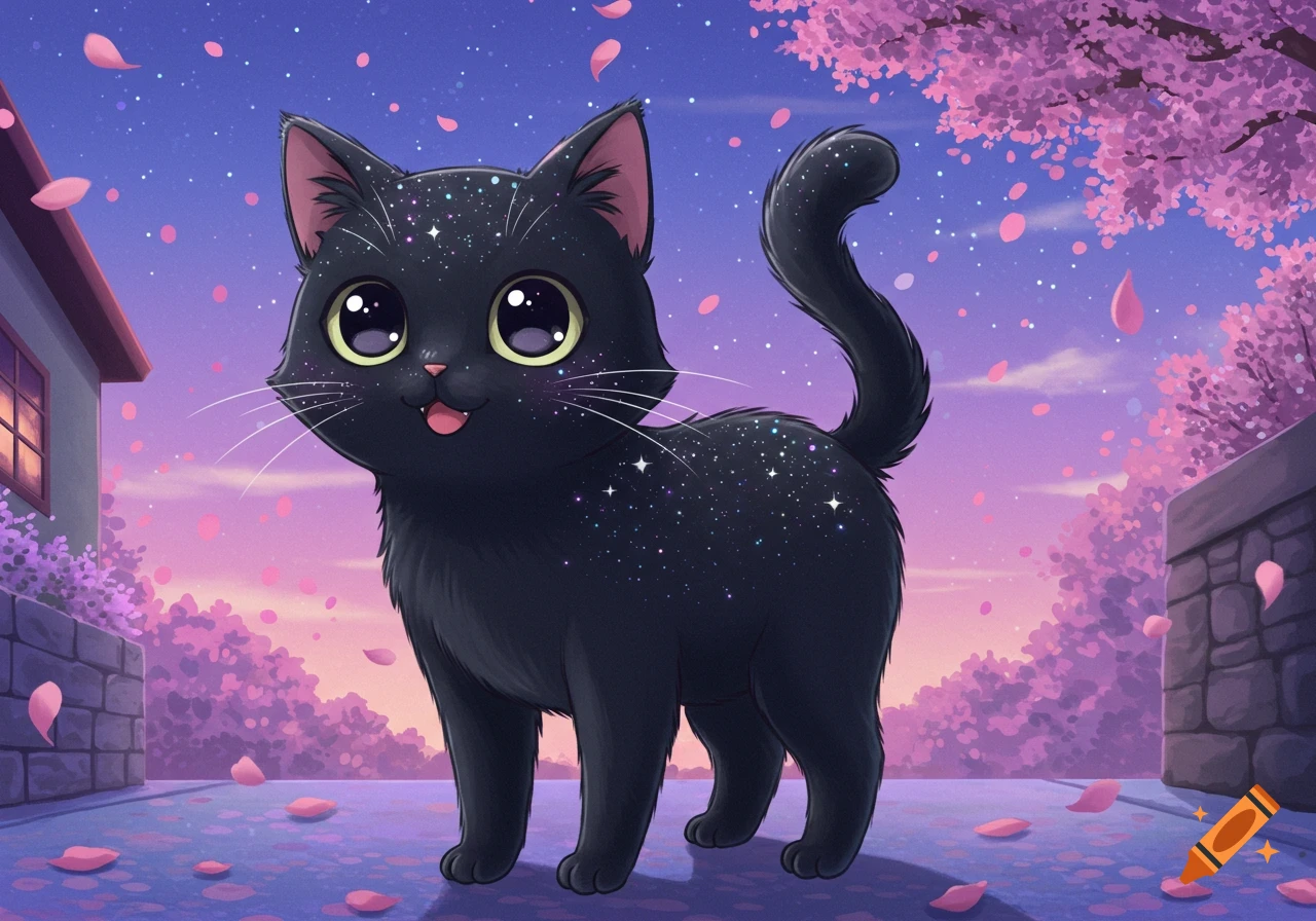 A cute black cartoon cat with sparkling fur and large eyes stands on a path with pink cherry blossom petals falling against a purple twilight sky.