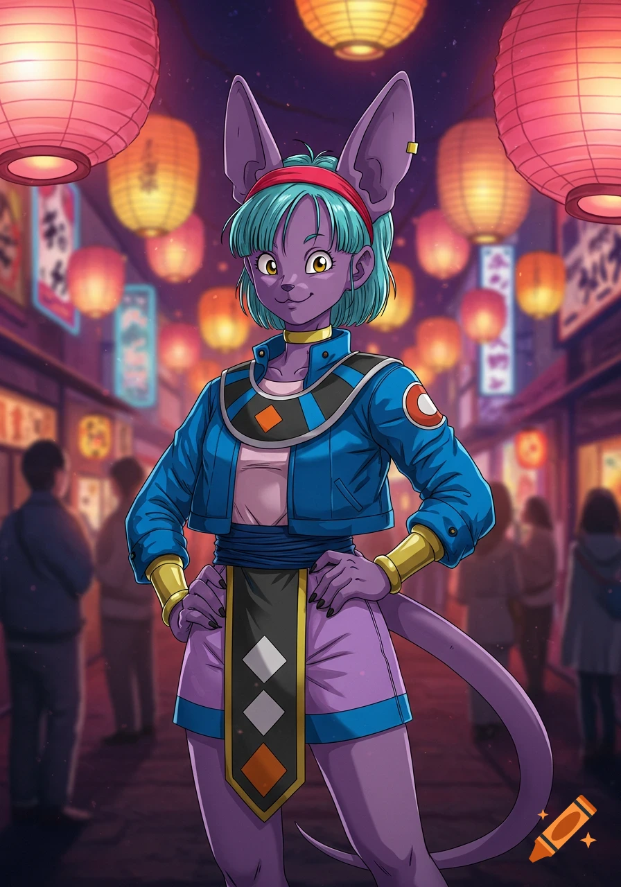 Anime-style purple cat-like character in a blue jacket poses on a vibrant, lantern-lit Asian street at night.