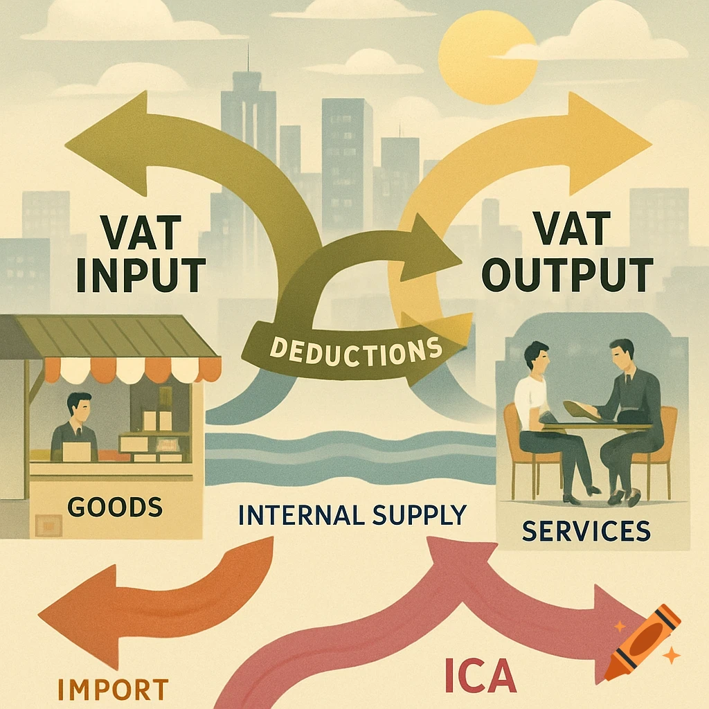 Infographic showing financial flows for VAT input/output, deductions, goods, services, internal supply, ICA, and import in a city.