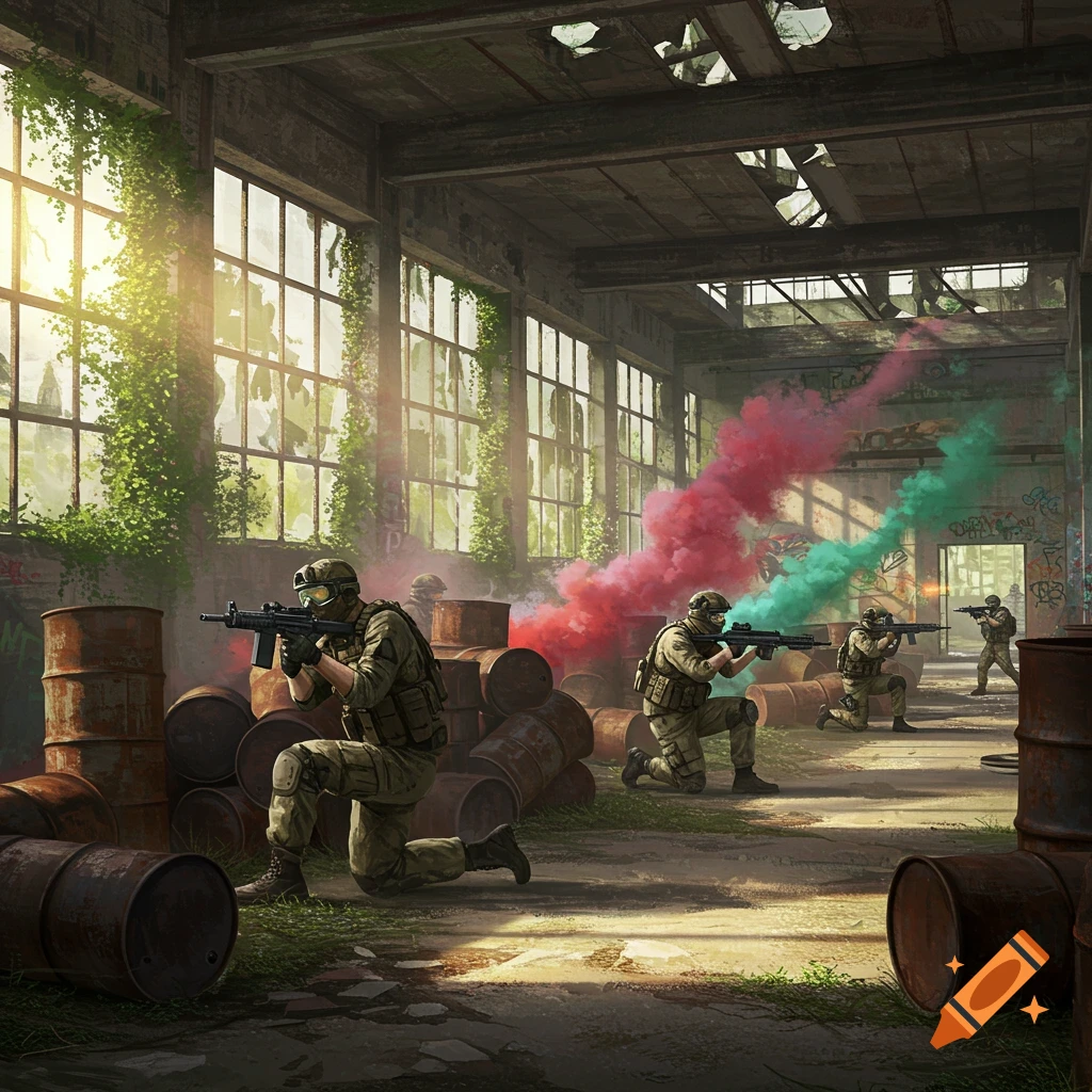 Airsoft players in military gear crouch and aim rifles, surrounded by red and green smoke in an abandoned factory. Digital art.