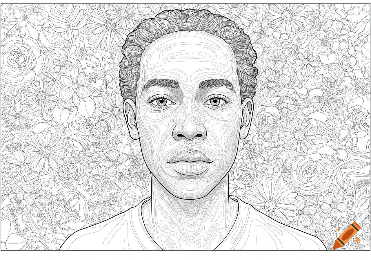 Line art portrait of a person with a stylized face against a detailed floral pattern, designed as a coloring page.