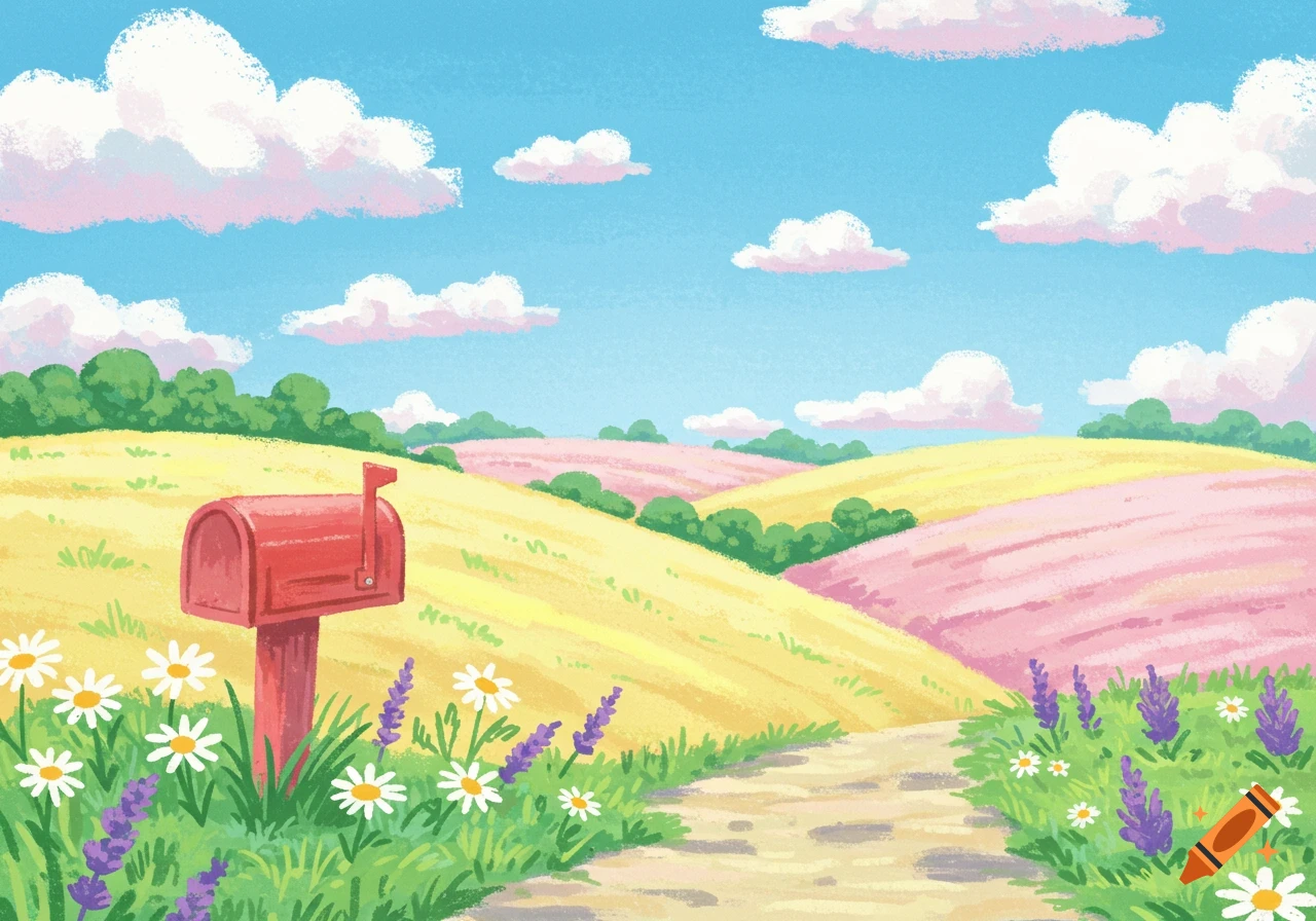 Colorful crayon illustration of a rural landscape with rolling fields, a red mailbox, a dirt path, daisies, and purple flowers.