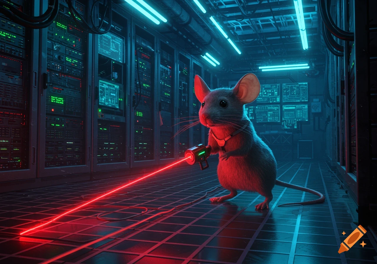 A small gray mouse holds a green laser pointer, emitting a red beam, in a blue-lit server room filled with glowing screens.