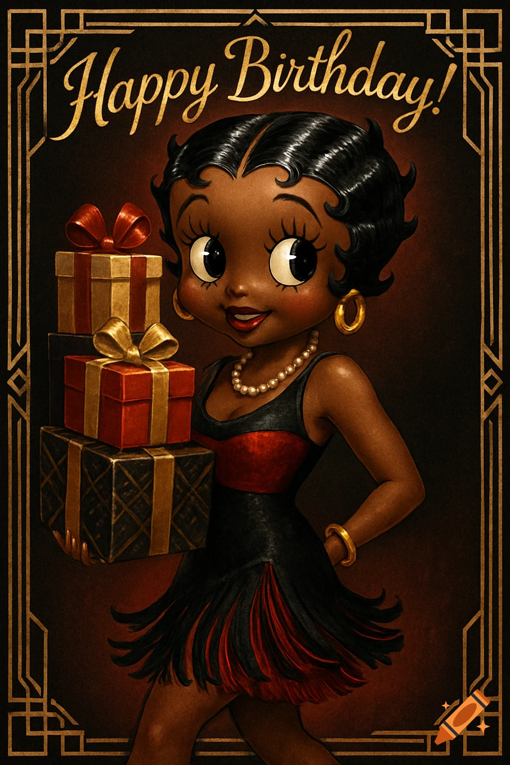 An African American Betty Boop in a black and red flapper dress, holding birthday gifts, with 'Happy Birthday!' text, in Art Deco style.