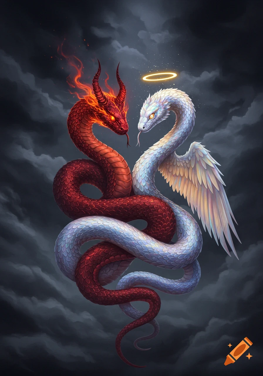 A red fiery devil snake entwined with a white winged angel snake against dark clouds, symbolizing duality.
