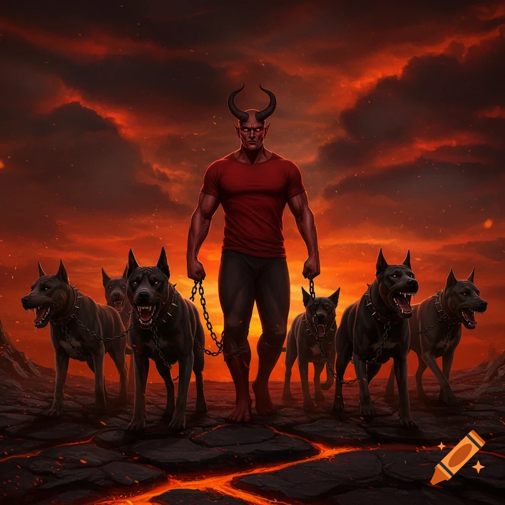A red-skinned devil with horns, wearing a red t-shirt, walks six vicious dark dogs on chains across a fiery hellscape.