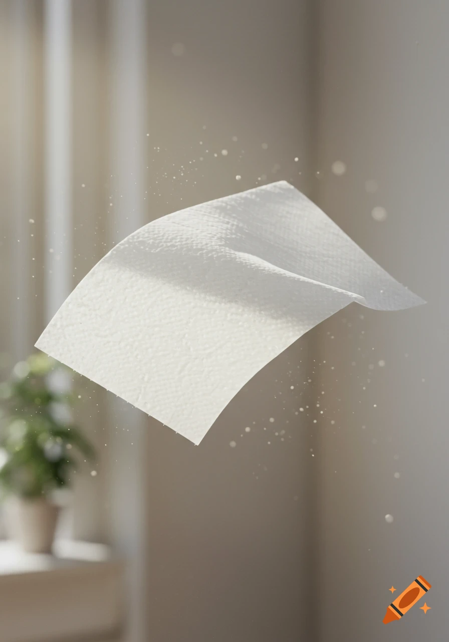 A white textured paper towel floats in the air, surrounded by small particles, with a blurred indoor background.