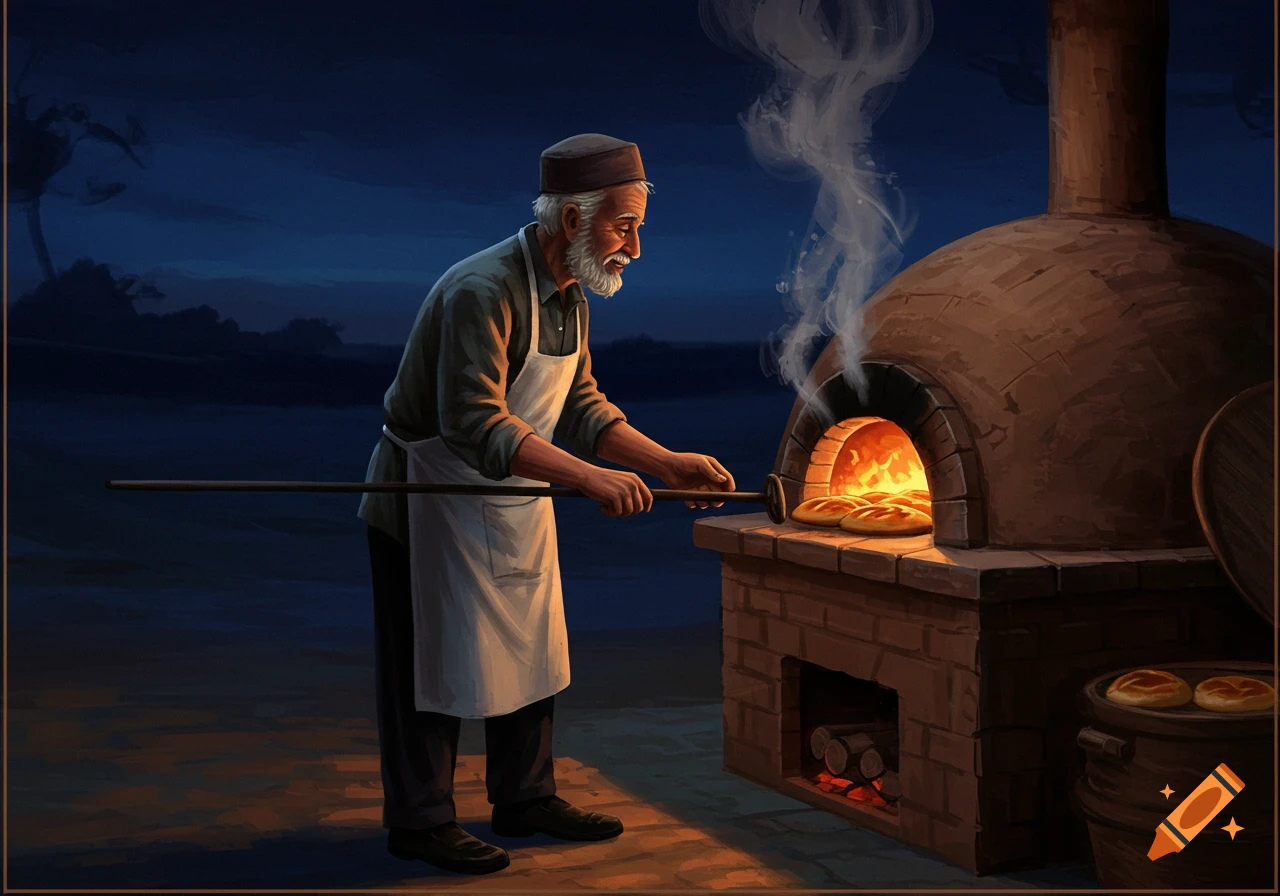 An old man in an apron and cap tends a glowing traditional clay oven with bread, at night in a painted style.