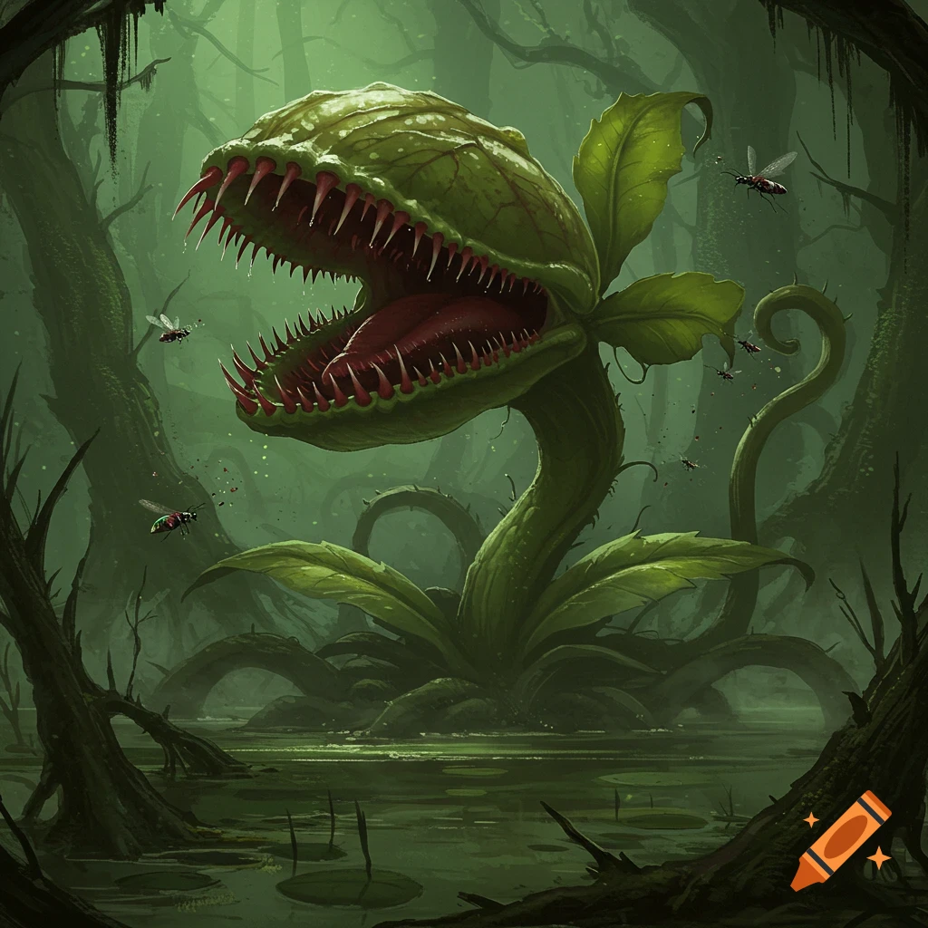 A giant, menacing Venus flytrap with sharp teeth in a dark, misty swamp, surrounded by flies.